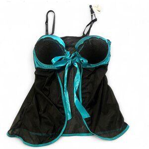 Black and teal mesh lingerie top with lace trim and bow